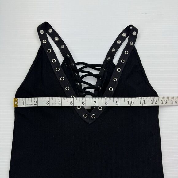 SKYLEE Black Tank Top Punk Rock Sleeveless Grommet Laced V-Neck Shirt One Size - Picture 5 of 6